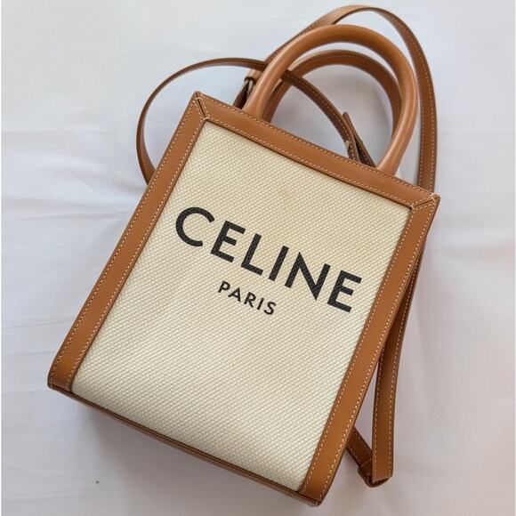 Celine Handbags - Celine Tan/Natural Mini Cabas Vertical Leather/Textile Logo Tote Bag